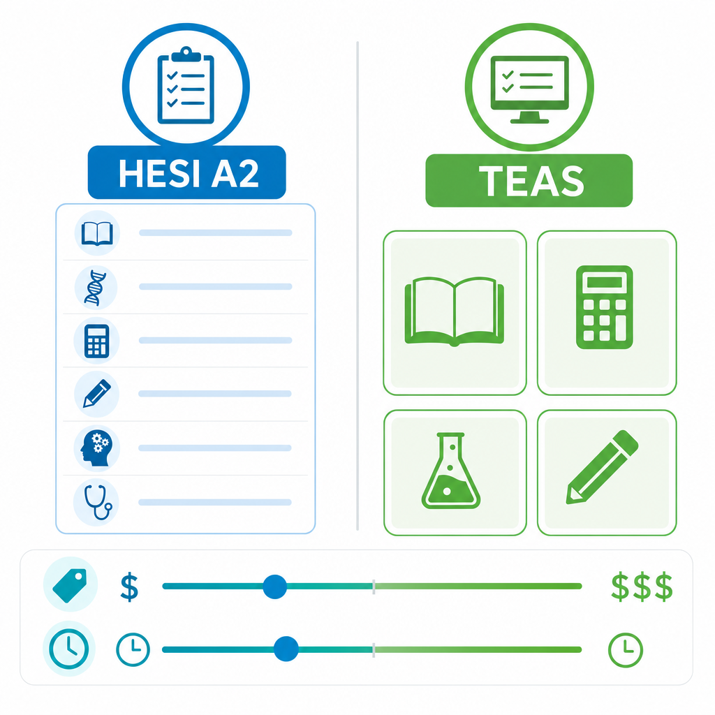 Side by side infographic of the HESI A2 and TEAS exam sections, questions, cost, and length