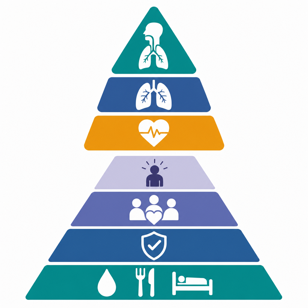 ABC triangle for airway, breathing, and circulation above a simplified Maslow hierarchy pyramid with physiological needs, safety, love and belonging, and esteem levels