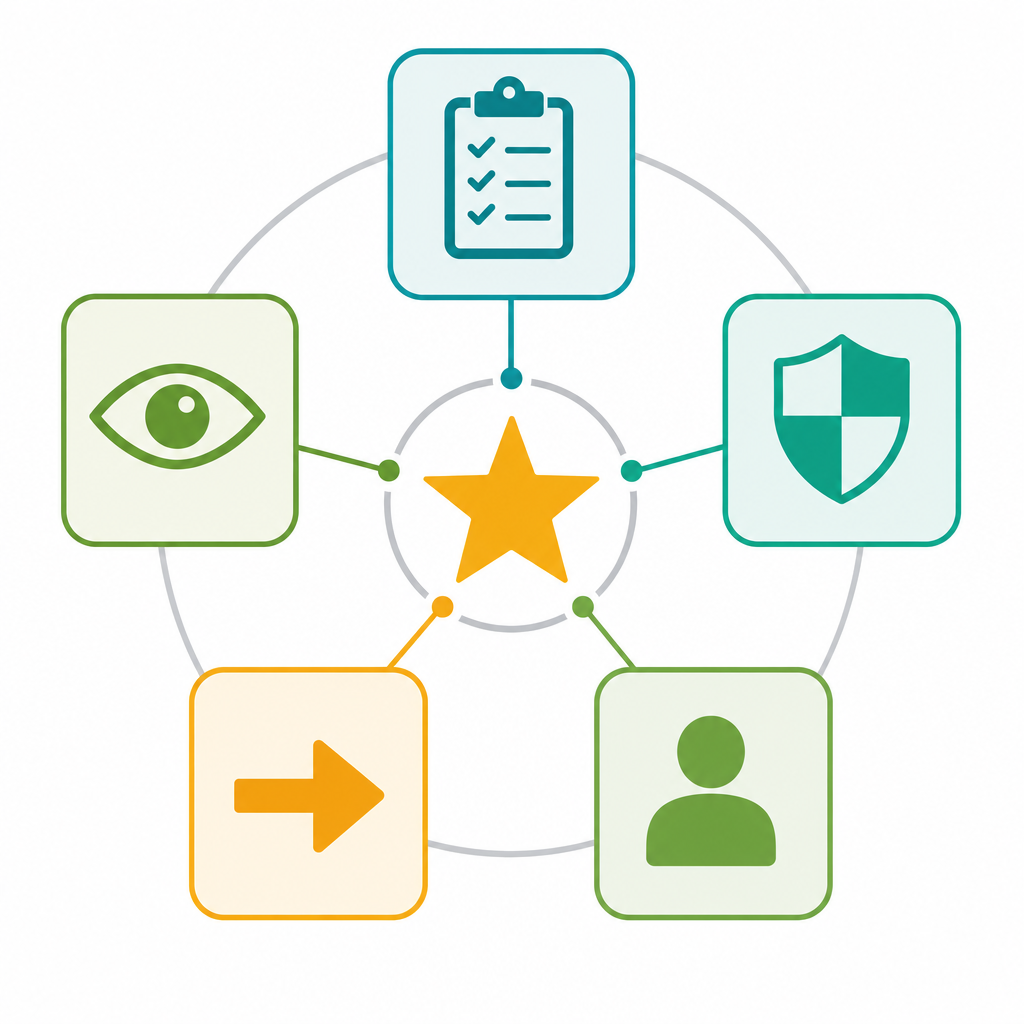 Five rights of delegation diagram with icons for right task, right circumstance, right person, right direction, and right supervision around a center star