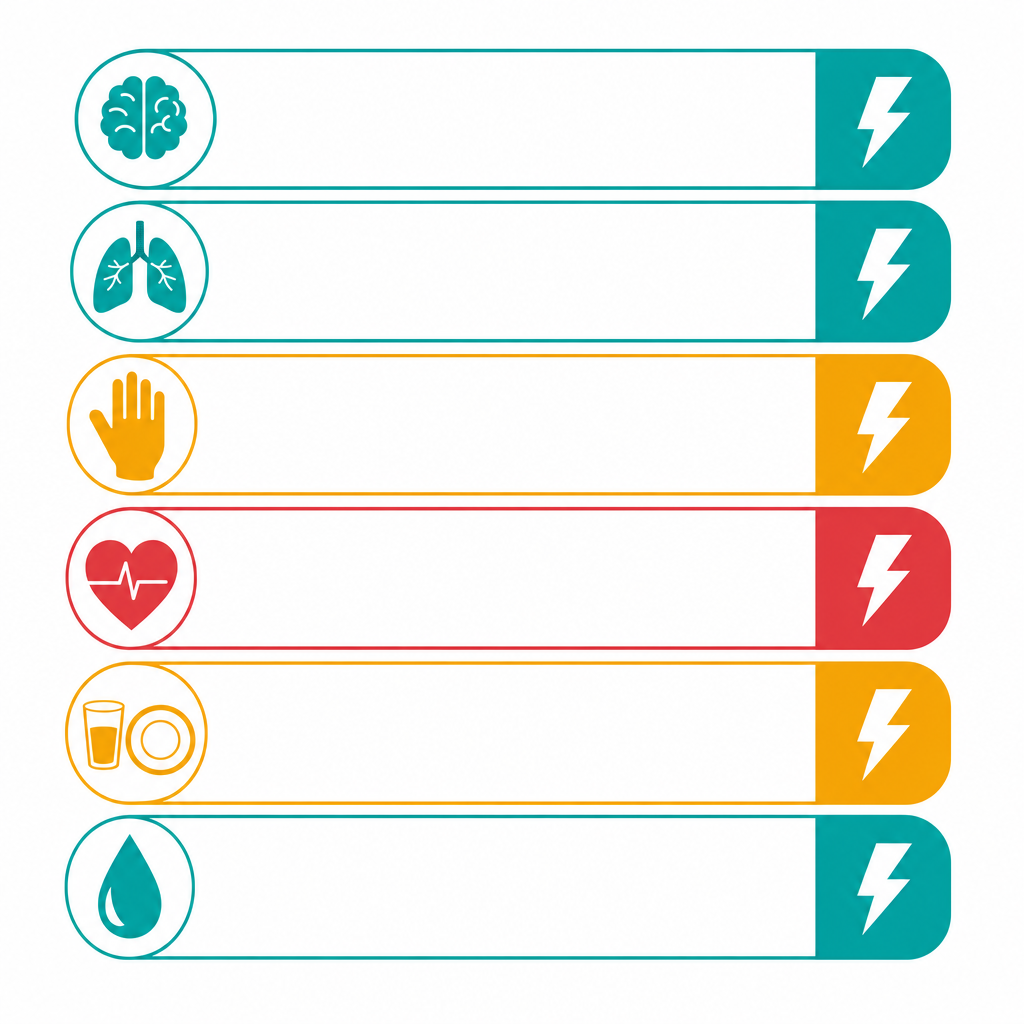 Checklist diagram of reportable resident changes: mental status, breathing, skin, pain, eating and drinking, and elimination, with urgency labels