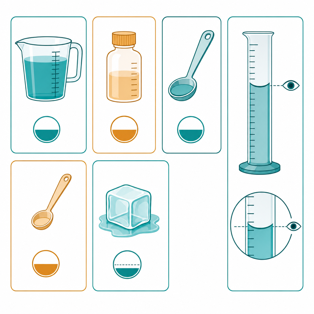 Fluid conversion reference: one cup equals 240 mL, one fluid ounce equals 30 mL, one tablespoon equals 15 mL, one teaspoon equals 5 mL, and ice counts as half its volume
