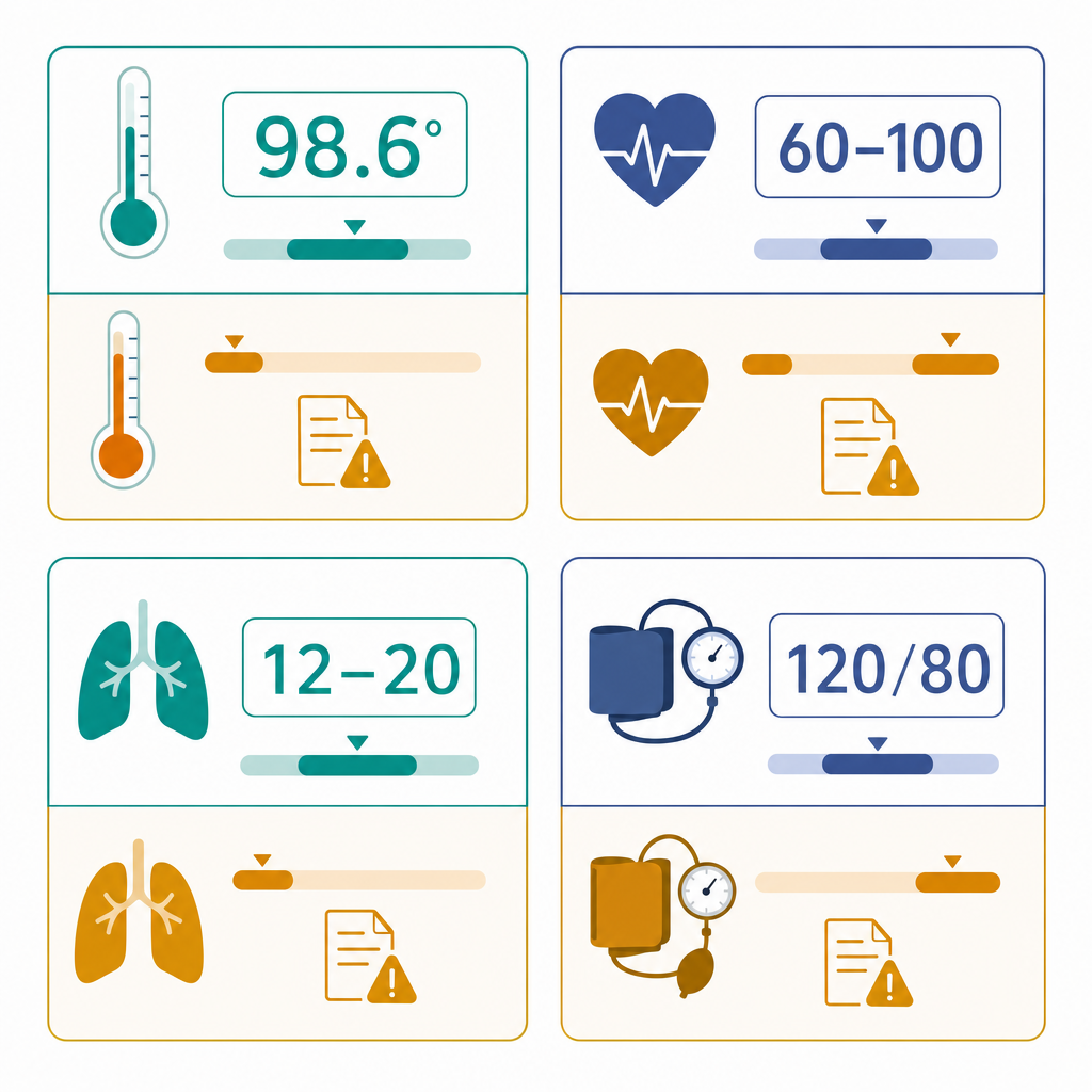 Vital signs reference chart with normal ranges for temperature, pulse, respirations, and blood pressure, with report alarms when out of range