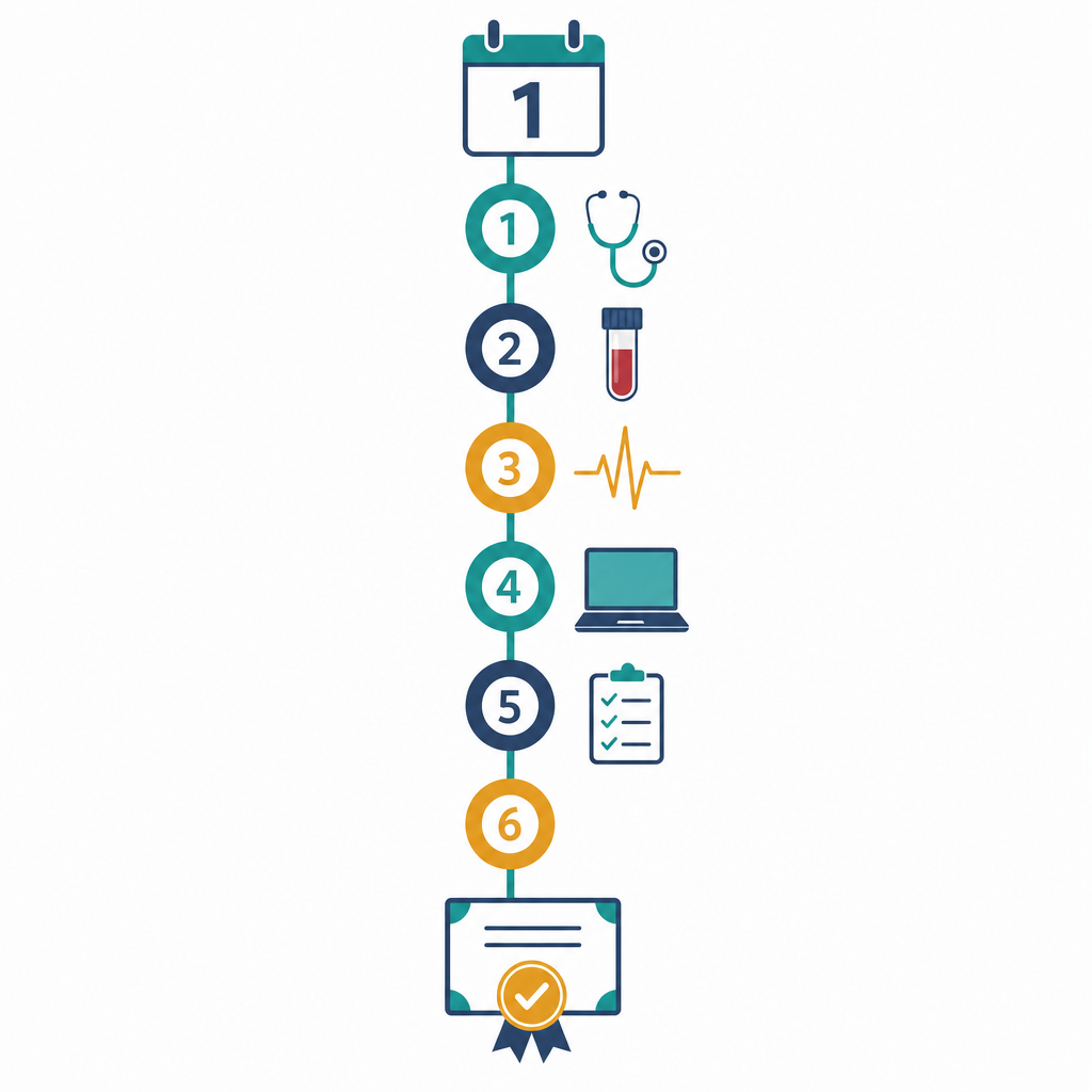 Eight-week CCMA study timeline from a diagnostic practice test in week one to full-length practice exams and targeted review in week eight